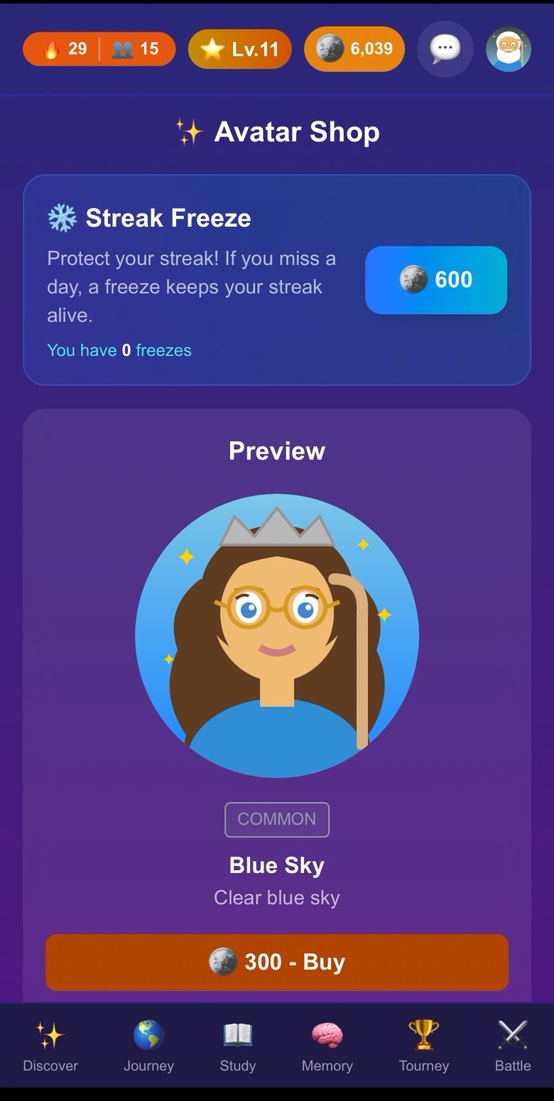 The avatar shop showing a streak freeze for 600 coins and an avatar being customized.