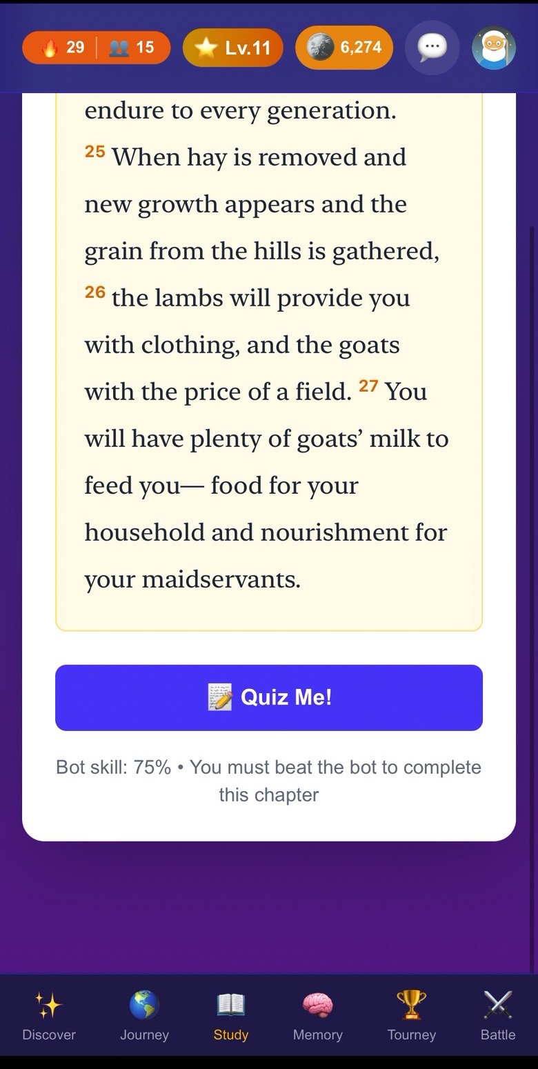 The end of Proverbs 27 with a Quiz Me button and the note that you must beat the bot to complete the chapter.