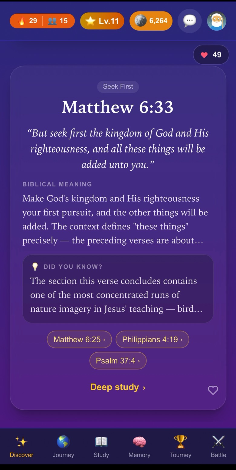A verse card for Matthew 6:33 with its biblical meaning and cross references.