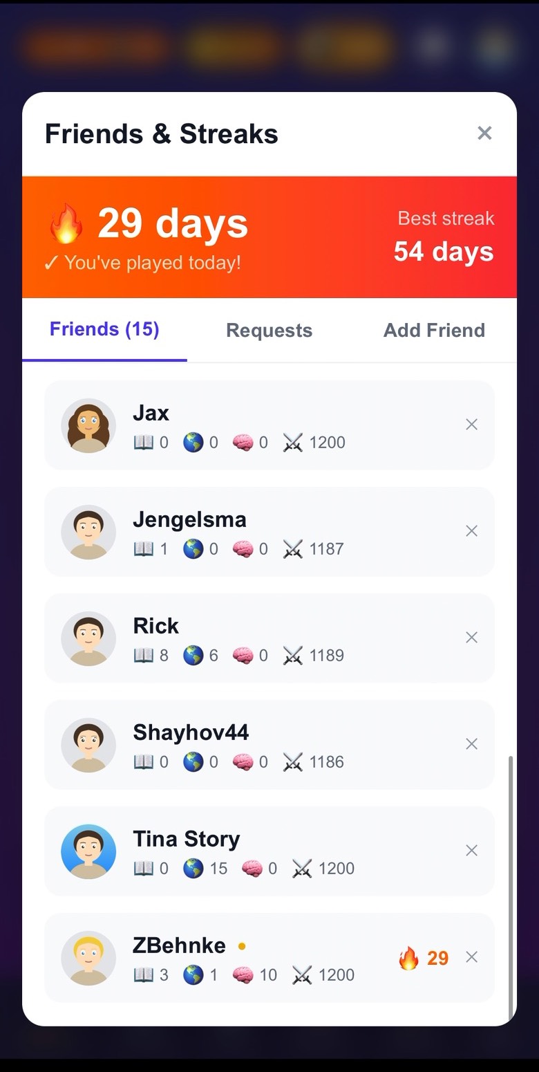 The Friends and Streaks panel showing a 29 day streak, a best of 54 days, and fifteen friends with their stats.