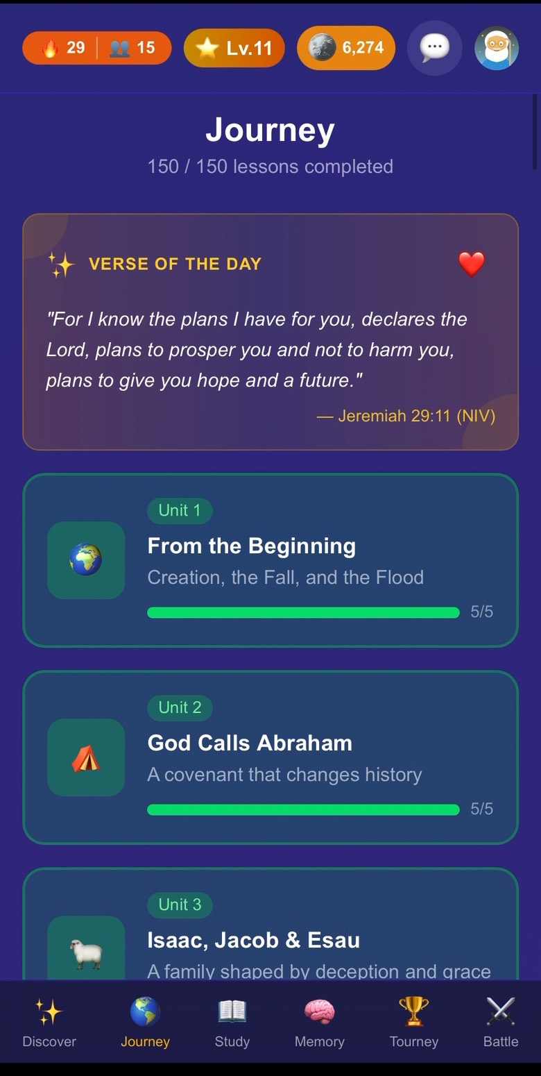 The Journey tab showing verse of the day and units one through three, each five of five complete.