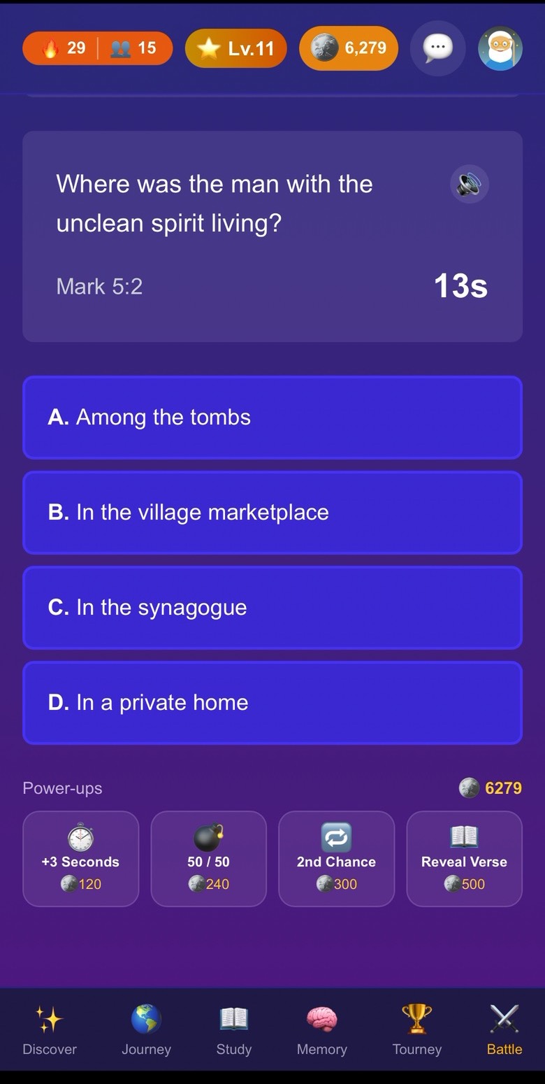 A live battle question from Mark 5:2 with thirteen seconds left and the power-up shelf below.