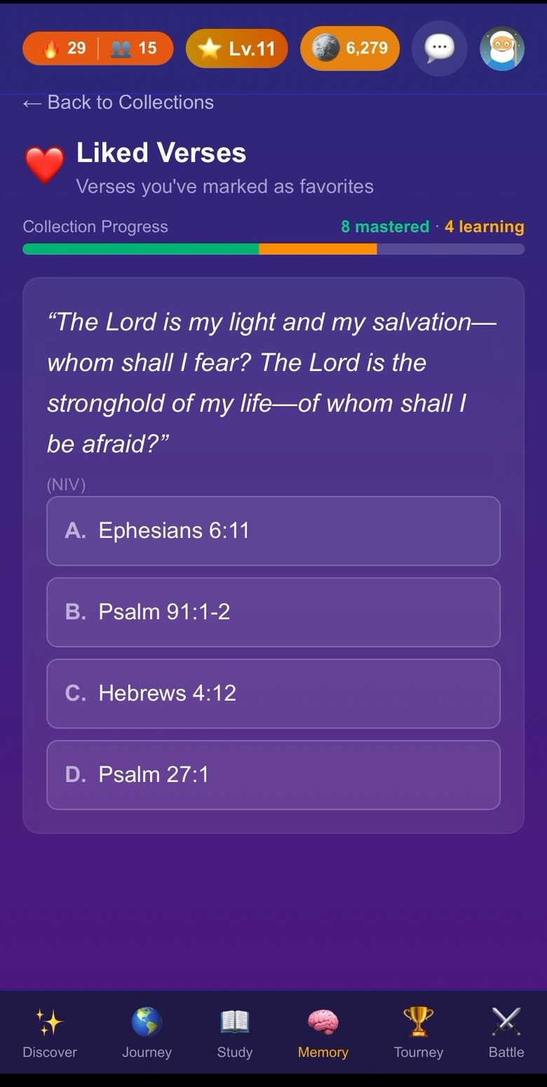 A memory drill on Philippians 4:13 with four verse texts to choose from and a mastery bar reading 40 percent over five attempts.