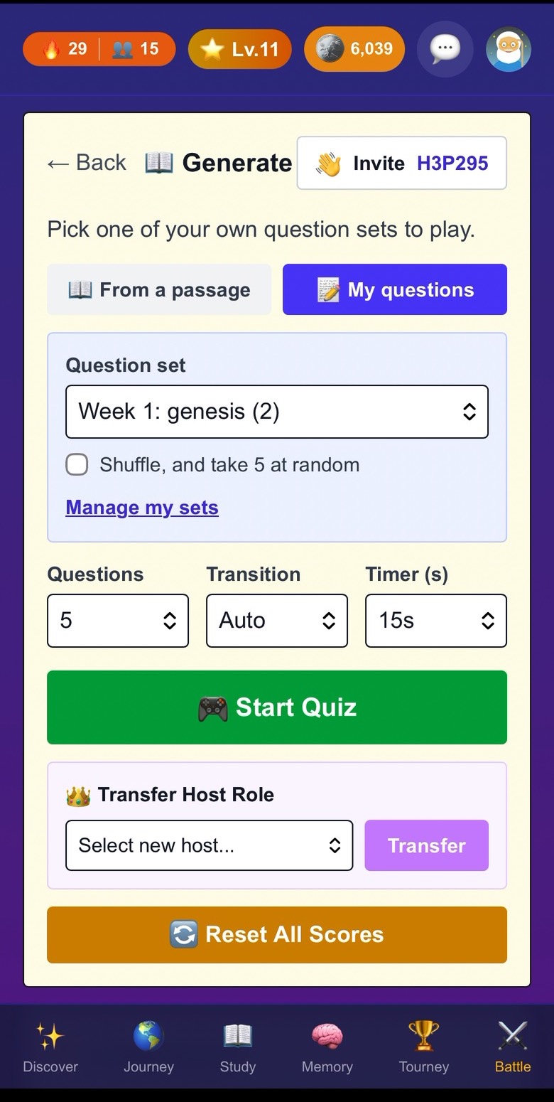 The host screen with a saved question set called Week 1 genesis, question count, timer, and a Start Quiz button.