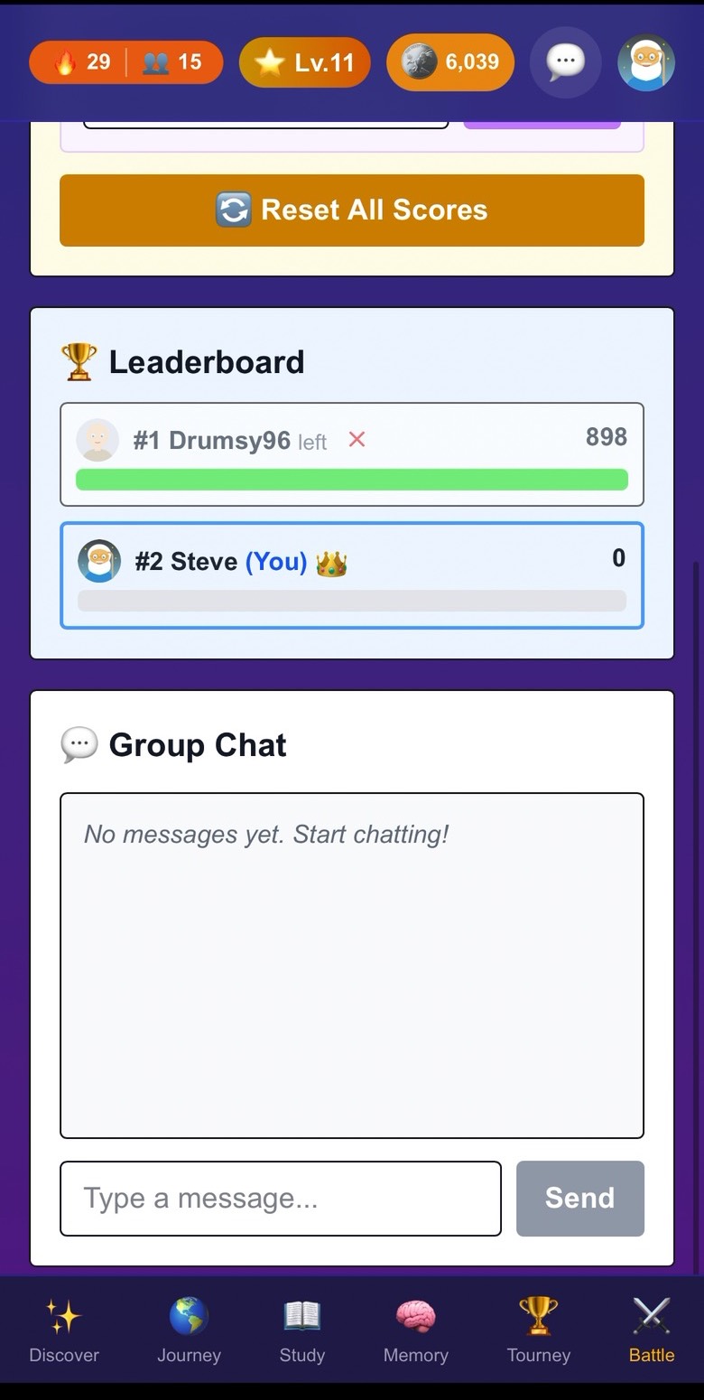 The live party leaderboard with two players and a group chat box underneath.