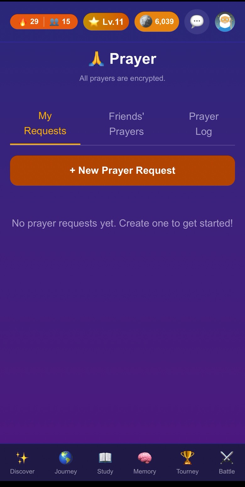 The Prayer screen, with tabs for My Requests, Friends&rsquo; Prayers and Prayer Log, and a note that all prayers are encrypted.