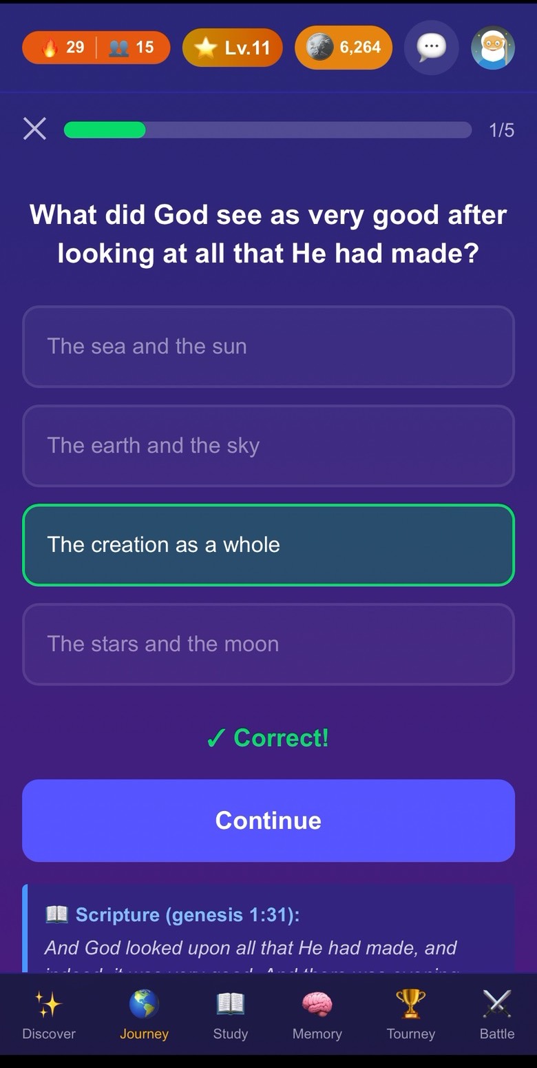A quiz question answered correctly, with the Genesis 1:31 text shown underneath.