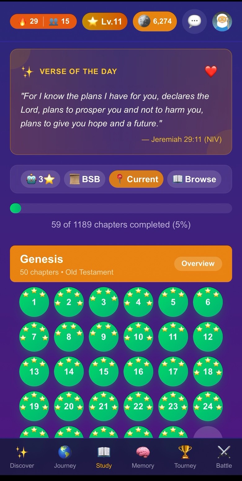The Study map showing Genesis chapters as green circles with stars, and 59 of 1189 chapters completed.